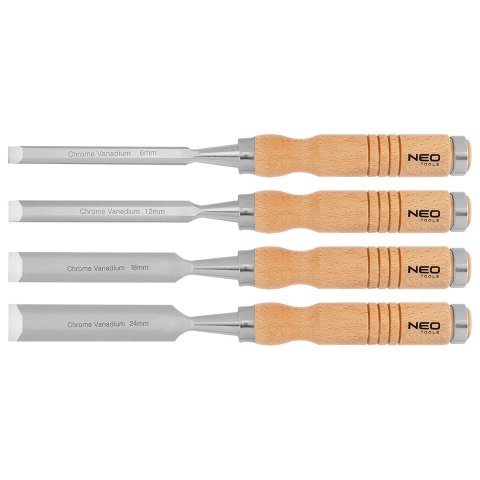Dłuta 6, 12, 18, 24 mm, zestaw 4 szt., uchwyt drewniany