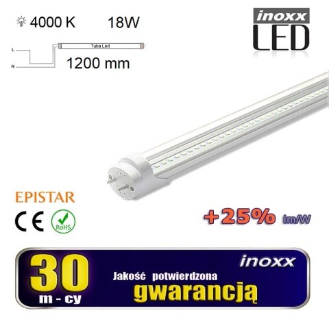 20x świetlówka led 120cm 18w t8 4000k g13 neutralna przezroczysta jednostronna