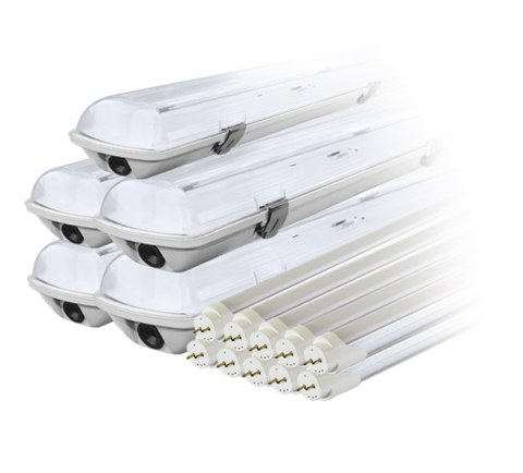 Zestaw: 5x oprawa hermetyczna lampa led ip65 1-stronna+ 10x świetlówka led 120cm 18w t8 6000k 1-stronna zimna
