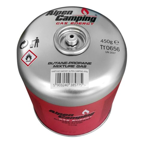 Kartusz gazowy 450g Alpen Camping. certyfikat: Pi 0437, zgodny z EN417, propan-butan, zakres -10°c do+ 40°c, zawór gwintowany 7/