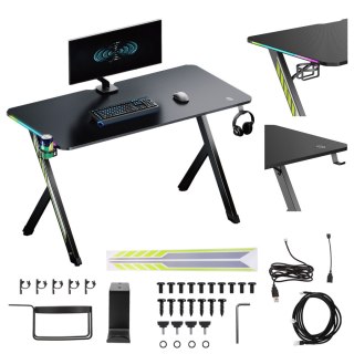 Biurko gamingowe NanoRS, czarne z uchwytem na słuchawki i kubek, podświetlenie RGB, max. 75kg, wymiary 1200x600x750mm, RS102