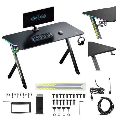 Biurko gamingowe NanoRS, czarne z uchwytem na słuchawki i kubek, podświetlenie RGB, max. 75kg, wymiary 1200x600x750mm, RS102