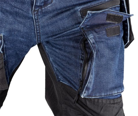 Spodnie robocze DENIM, wzmocnienia Cordura, odpinane kieszenie kaburowe, granatowe, rozmiar XL