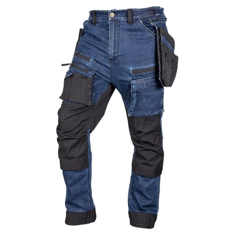 Spodnie robocze DENIM, wzmocnienia Cordura, odpinane kieszenie kaburowe, granatowe, rozmiar M