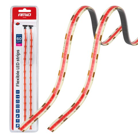 Paski led cob do samochodu różowe 2x30cm 12v amio-04570