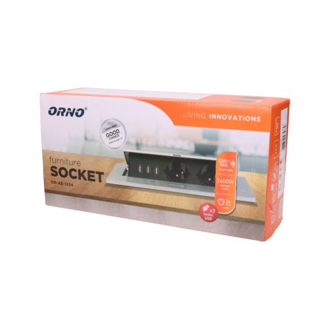 Gniazdo meblowe wpuszczane w blat z grubym rantem, 2x2P+Z, 3 porty USB, czarne