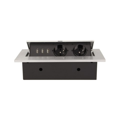 Gniazdo meblowe wpuszczane w blat z grubym rantem, 2x2P+Z, 3 porty USB, srebrne