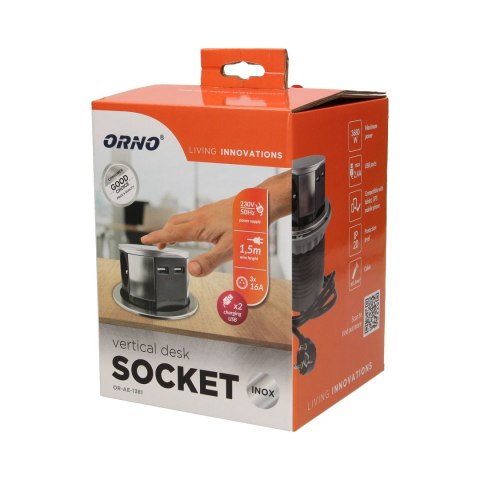 Gniazdo meblowe ?10cm wysuwane z blatu z ładowarką USB i przewodem 1,5m, 3x2P+Z, 2xUSB, INOX