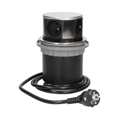 Gniazdo meblowe ?10cm wysuwane z blatu z ładowarką USB i przewodem 1,5m, 3x2P+Z, 2xUSB, INOX
