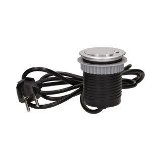 Gniazdo meblowe ?6cm wpuszczane w blat z pokrywką, ładowarką USB i przewodem 1,8m, 1x2P+Z, 1xUSB