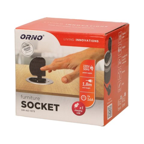 Gniazdo meblowe ?6cm wpuszczane w blat z pokrywką, ładowarką USB i przewodem 1,8m, 1x2P+Z, 1xUSB