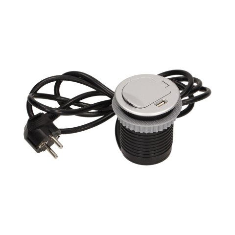 Gniazdo meblowe ?6cm wpuszczane w blat z pokrywką, ładowarką USB i przewodem 1,8m, 1x2P+Z, 1xUSB