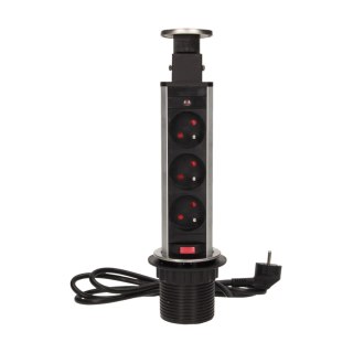 Gniazdo meblowe ?6cm wysuwane z blatu z blokadą i przewodem 1,8m, 3x2P+Z, INOX