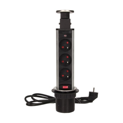 Gniazdo meblowe ?6cm wysuwane z blatu z blokadą i przewodem 1,8m, 3x2P+Z, INOX