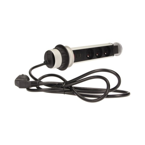 Gniazdo meblowe ?6cm wysuwane z blatu z ładowarką USB, blokadą i przewodem 1,8m, 3x2P+Z