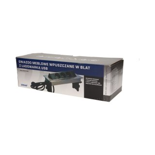 Gniazdo meblowe wpuszczane w blat w niklowanej obudowie z łądowarką USB i przewodem 1,8m, 3x2P+Z, 2xUSB