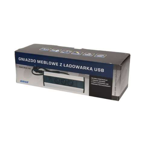 Gniazdo meblowe z ładowarką USB i przewodem 1,8m, 3x2P+Z, 2xUSB
