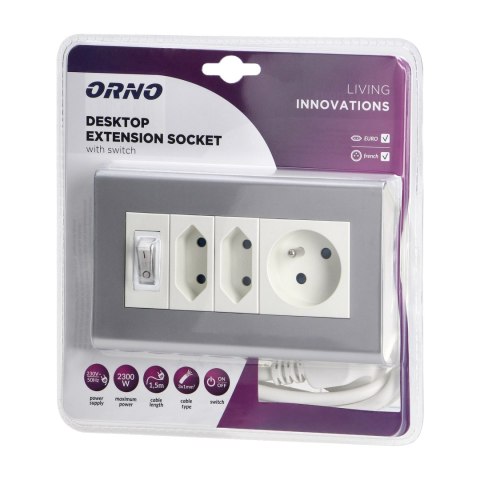Przedłużacz biurkowy z wyłącznikiem 2x2P/II+1x2P+Z, przewód 1,5 m 3x1mm