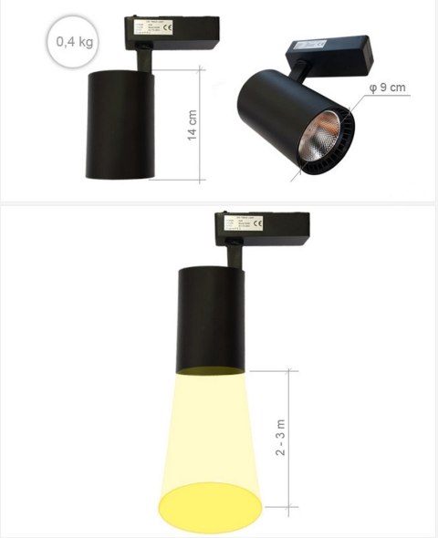 Lampa sklepowa led reflektor szynowy jednofazowy czarny 30w 2250 lm światło neutralne 4000k