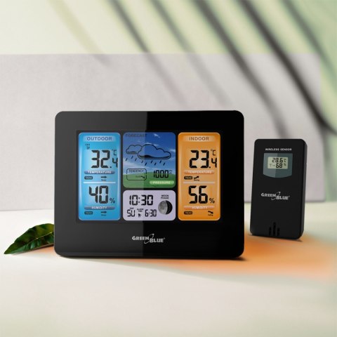 Stacja pogody bezprzewodowa GreenBlue, kolorowa, z systemem DCF, fazy księżyca, GB526