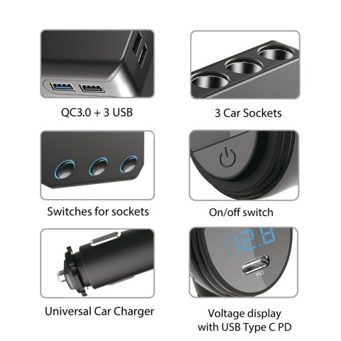 Rozdzielacz gniazda zapalniczki samochodowej Maclean, woltomierz, 3 gniazda zapalniczki, 1xQC 3.0, 3xUSB, 6.8A, 1xPD 18W, max 12