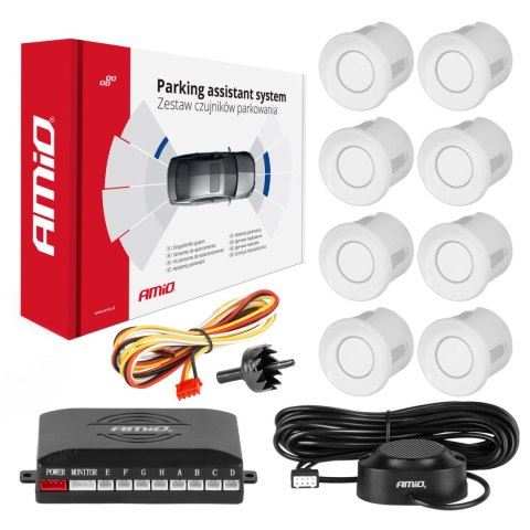 Zestaw czujników parkowania cofania buzzer 8 sensorów białe amio-01599 Zestaw czujników parkowania cofania buzzer 8 sensorów białe amio-01599