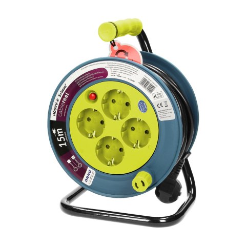 Przedłużacz bębnowy MINI, 4 gniazda 2P+Z, metalowy stojak, polwinit H05VV-F 3x1mm? , długość 15m, limonkowy, wersja schuko