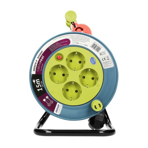 Przedłużacz bębnowy MINI, 4 gniazda 2P+Z, metalowy stojak, polwinit H05VV-F 3x1mm? , długość 15m, limonkowy, wersja schuko