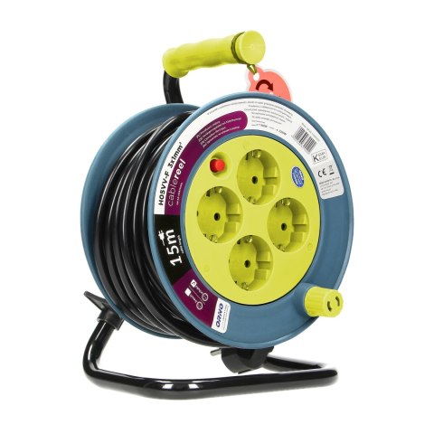 Przedłużacz bębnowy MINI, 4 gniazda 2P+Z, metalowy stojak, polwinit H05VV-F 3x1mm? , długość 15m, limonkowy, wersja schuko