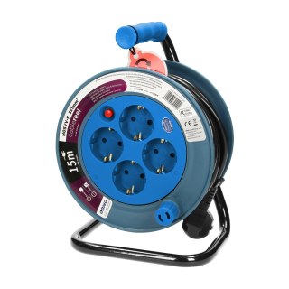 Przedłużacz bębnowy MINI, 4 gniazda 2P+Z, metalowy stojak, polwinit H05VV-F 3x1mm? , długość 15m, turkusowy, wersja schuko