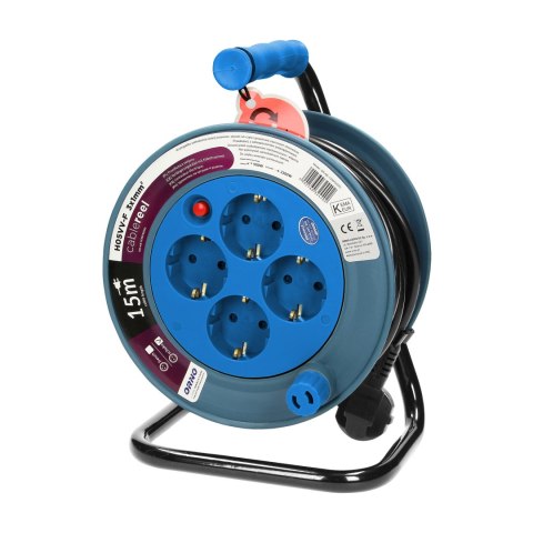 Przedłużacz bębnowy MINI, 4 gniazda 2P+Z, metalowy stojak, polwinit H05VV-F 3x1mm? , długość 15m, turkusowy, wersja schuko