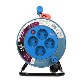 Przedłużacz bębnowy MINI, 4 gniazda 2P+Z, metalowy stojak, polwinit H05VV-F 3x1mm? , długość 15m, turkusowy, wersja schuko
