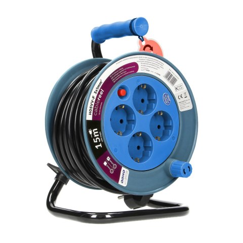 Przedłużacz bębnowy MINI, 4 gniazda 2P+Z, metalowy stojak, polwinit H05VV-F 3x1mm? , długość 15m, turkusowy, wersja schuko