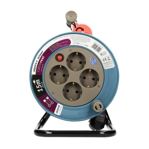 Przedłużacz bębnowy MINI, 4 gniazda 2P+Z, metalowy stojak, polwinit H05VV-F 3x1mm? , długość15m, szary, wersja schuko