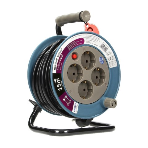 Przedłużacz bębnowy MINI, 4 gniazda 2P+Z, metalowy stojak, polwinit H05VV-F 3x1mm? , długość15m, szary, wersja schuko