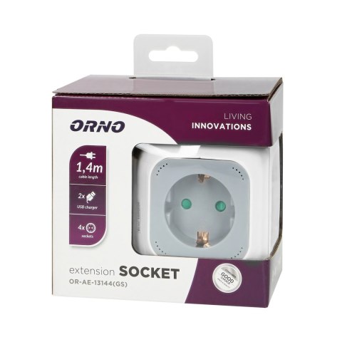 Przedłużacz 4 krotny 2P+Z (schuko), ładowarka 2xUSB, 1,4m H05VV-F 3x1,5mm?, szaro-biały