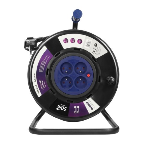 Przedłużacz bębnowy, 4 gniazda 2P+Z, kabel PVC H05VV-F 3x1,5mm?, długość - 50m, STAŁE GNIAZDA, termik, przesłony torów prądowych