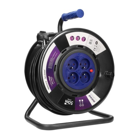 Przedłużacz bębnowy, 4 gniazda 2P+Z, kabel PVC H05VV-F 3x1,5mm?, długość - 50m, STAŁE GNIAZDA, termik, przesłony torów prądowych