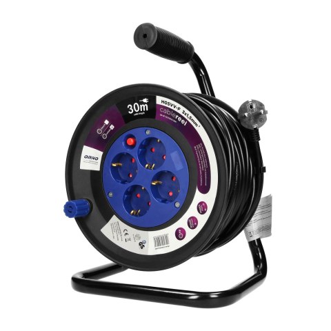 Przedłużacz bębnowy, 4 gniazda 2P+Z (schuko), kabel PVC H05VV-F 3x1.5mm?, długość - 30m, Termik, Przesłony torów prądowych. Przedłużacz bębnowy, 4 gniazda 2P+Z (schuko), kabel PVC H05VV-F 3x1.5mm?, długość - 30m, Termik, Przesłony torów prądowych.