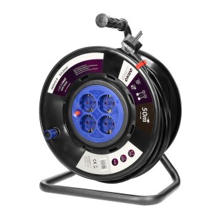 Przedłużacz bębnowy, 4 gniazda 2P+Z (schuko), kabel PVC H05VV-F 3x1,5mm?, długość - 50m, STAŁE GNIAZDA, termik, przesłony torów 