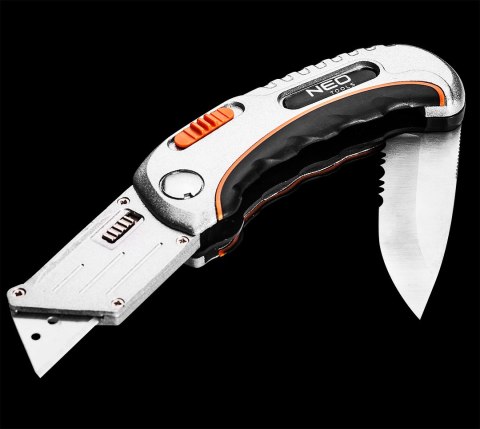 Nóż uniwersalny składany, ostrze trapezowe + nóż, nylonowe etui + 5 ostrzy