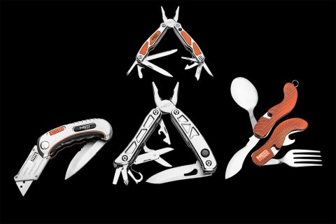 Nóż uniwersalny składany, ostrze trapezowe + nóż, nylonowe etui + 5 ostrzy