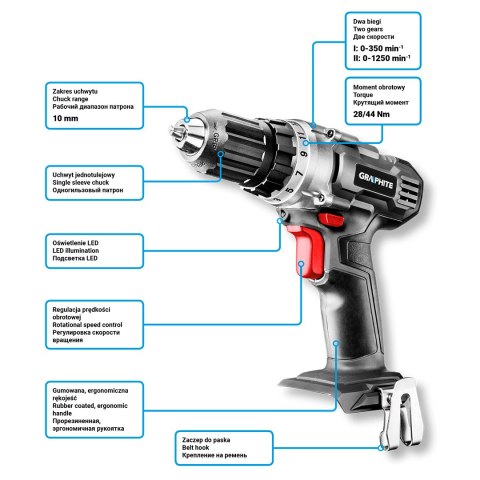 Wiertarko-wkrętarka akumulatorowa Energy+ 18V, Li-Ion, uchwyt samozaciskowy 10 mm, bez akumulatora Wiertarko-wkrętarka akumulatorowa Energy+ 18V, Li-Ion, uchwyt samozaciskowy 10 mm, bez akumulatora