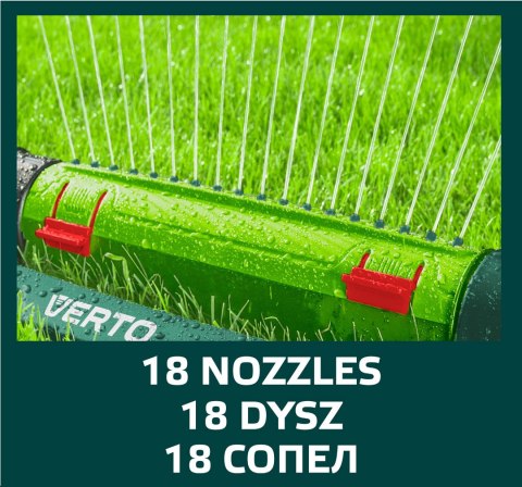 Zraszacz oscylacyjny, powierzchnia zraszania 15 x 19 m, 18 dyszy zraszających, igła do udrażniania dysz Zraszacz oscylacyjny, powierzchnia zraszania 15 x 19 m, 18 dyszy zraszających, igła do udrażniania dysz