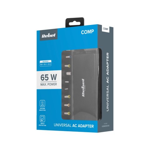 Zasilacz uniwersalny Rebel 10 końcówek 65 W 18-20 V automatyczny Zasilacz uniwersalny Rebel 10 końcówek 65 W 18-20 V automatyczny