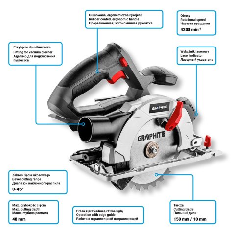 Pilarka tarczowa akumulatorowa Energy+ 18V, Li-Ion, tarcza 150 x 10 mm, bez akumulatora Pilarka tarczowa akumulatorowa Energy+ 18V, Li-Ion, tarcza 150 x 10 mm, bez akumulatora