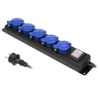 Przedłużacz warsztatowy bryzgoszczelny z wyłącznikiem, 5 gniazd 2P+Z (Schuko), IP44, przewód gumowy, H05RR-F 3x1,5mm?, długość 3