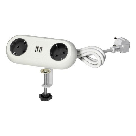 Gniazdo meblowe z uchwytem montażowym, ładowarką USB, 2 gniazda 2P+Z (Schuko), 2xUSB, przewód 3x1,5mm? - 1,4m, białe