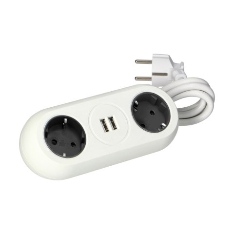 Gniazdo meblowe z uchwytem montażowym, ładowarką USB, 2 gniazda 2P+Z (Schuko), 2xUSB, przewód 3x1,5mm? - 1,4m, białe
