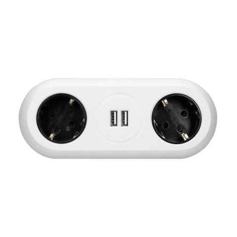 Gniazdo meblowe z uchwytem montażowym, ładowarką USB, 2 gniazda 2P+Z (Schuko), 2xUSB, przewód 3x1,5mm? - 1,4m, białe